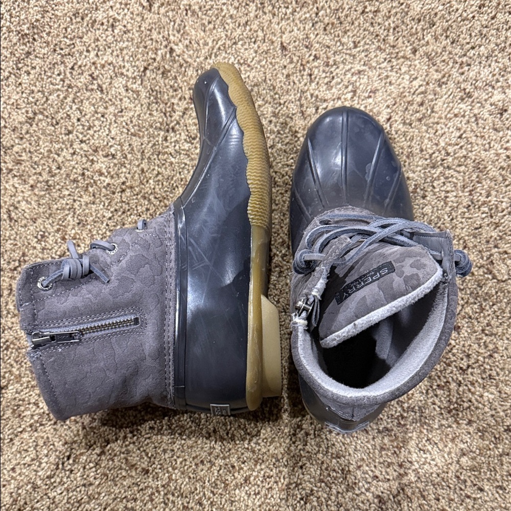 Sperry Gray Cheetah Print Lace-Up Duck Boots with Tan Outsole